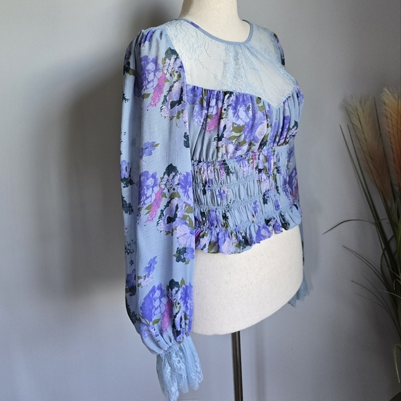 Free People, Daphne Blue Floral Lace Blouson Sleeve Smocked Blouse, SZ Large - Picture 7 of 14